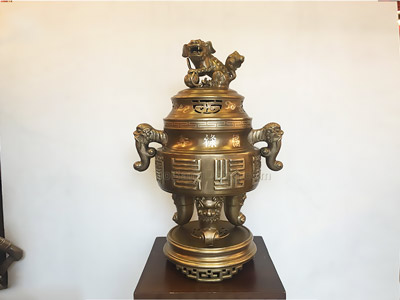 Đỉnh Đồng Vàng Tai Cui Dáng Cổ Khảm Bạc 65cm - DT101